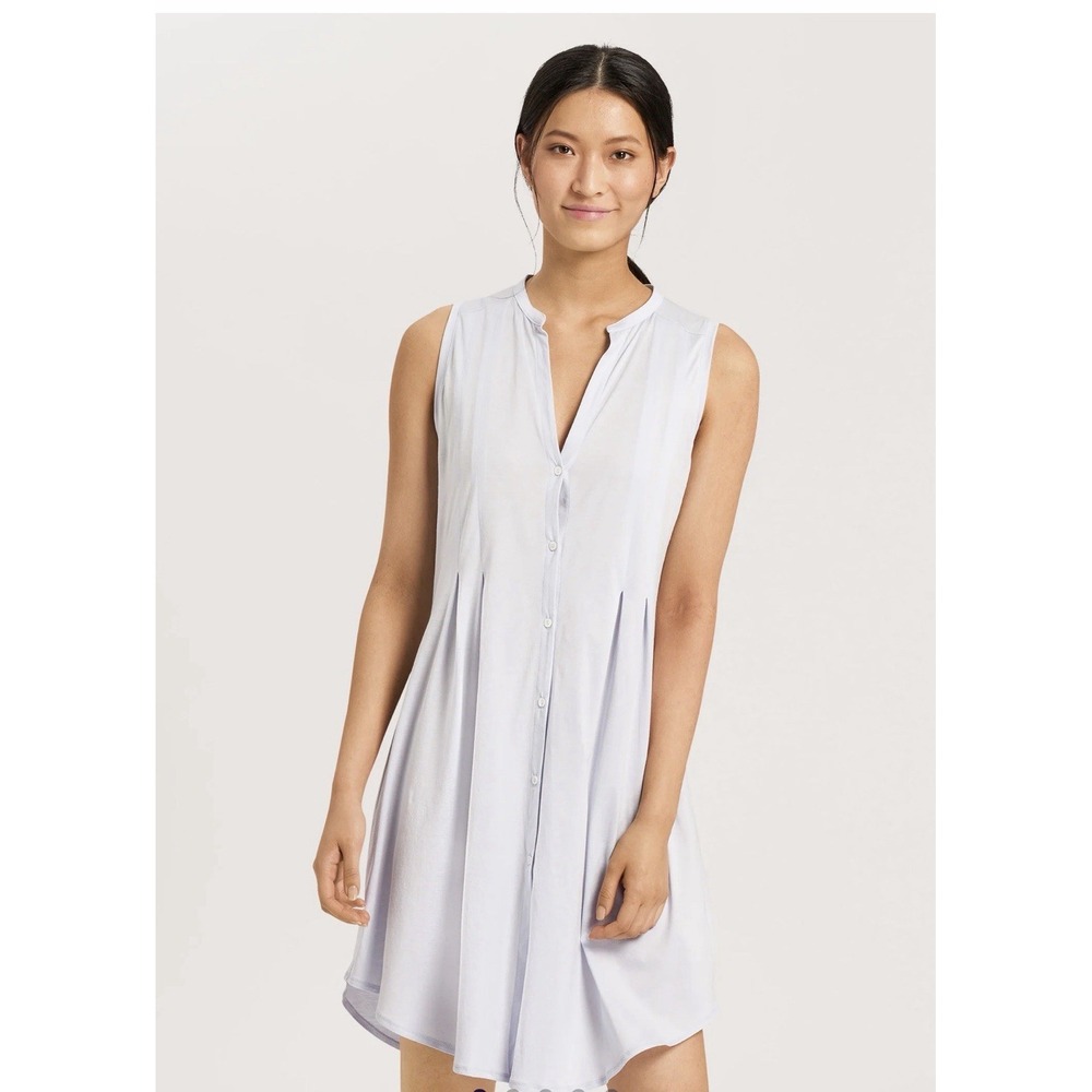 HANRO Cotton Deluxe Blue Glow M Tank Sleep Shirt Luxury Pearl Buttons Pinktuck